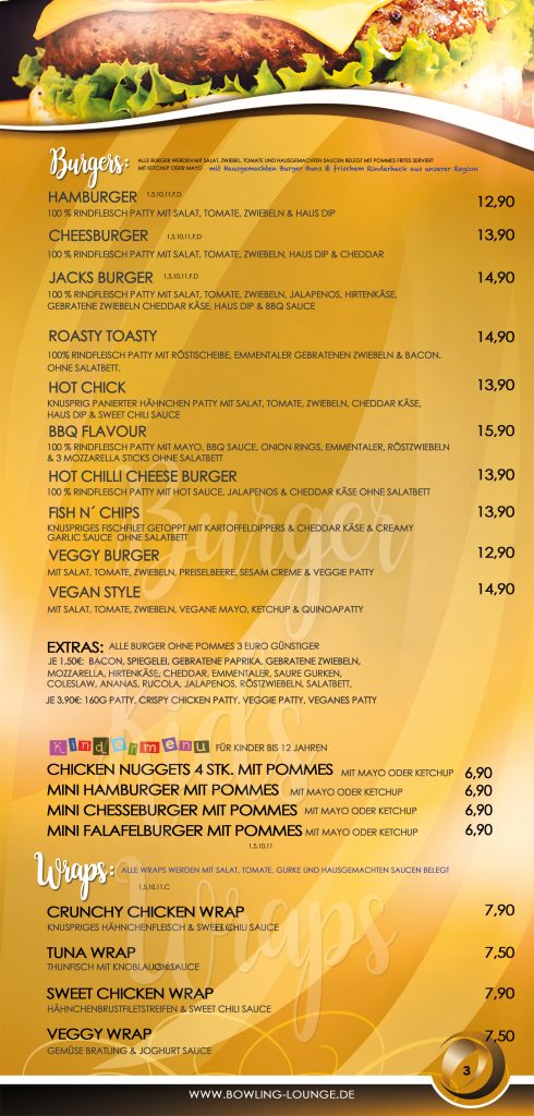 Burger, Kindergerichte & Wraps – Originalkarte mit Preisen; zum Vergrößern öffnen